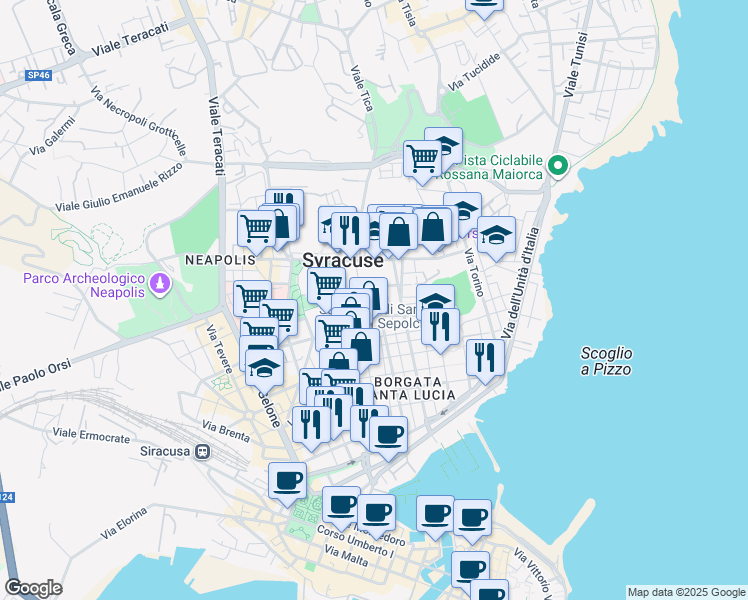 map of restaurants, bars, coffee shops, grocery stores, and more near 163 Via Bainsizza in Siracusa