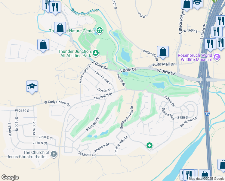 map of restaurants, bars, coffee shops, grocery stores, and more near 671 West Crystal Circle in St. George