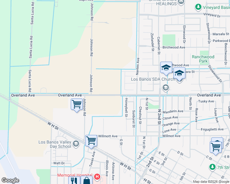 map of restaurants, bars, coffee shops, grocery stores, and more near 20228 Overland Road in Los Banos