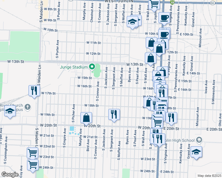 map of restaurants, bars, coffee shops, grocery stores, and more near 1602 South Sergeant Avenue in Joplin