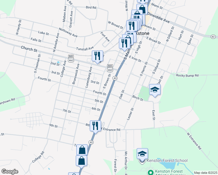 map of restaurants, bars, coffee shops, grocery stores, and more near 614 South Main Street in Blackstone