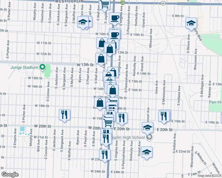 map of restaurants, bars, coffee shops, grocery stores, and more near 100 East 16th Street in Joplin