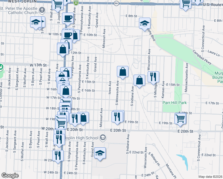 map of restaurants, bars, coffee shops, grocery stores, and more near 1531 Iowa Avenue in Joplin