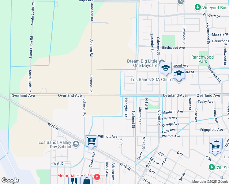 map of restaurants, bars, coffee shops, grocery stores, and more near 20176 Overland Avenue in Los Banos