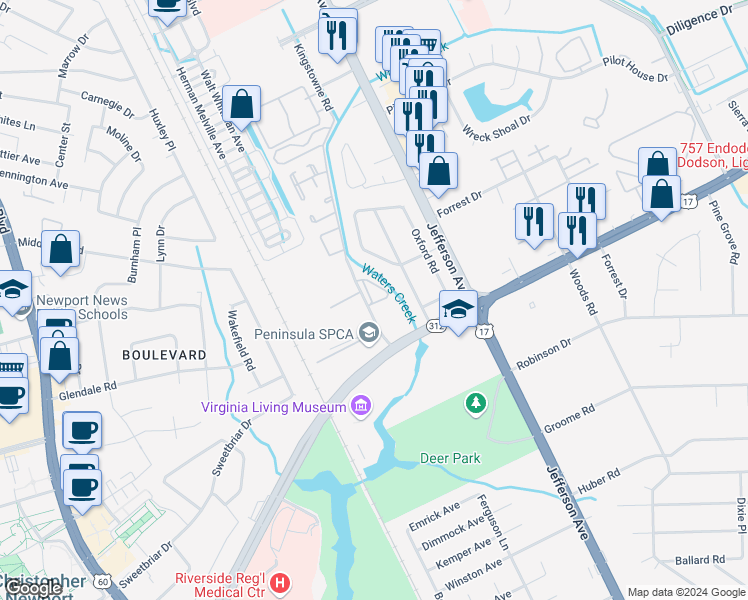 map of restaurants, bars, coffee shops, grocery stores, and more near 614 Jessica Cir in Newport News