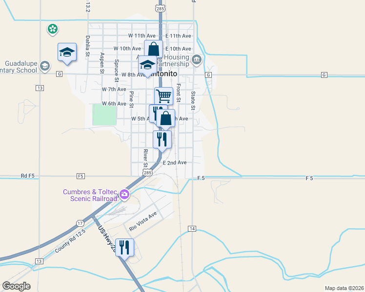 map of restaurants, bars, coffee shops, grocery stores, and more near 305 State Street in Antonito