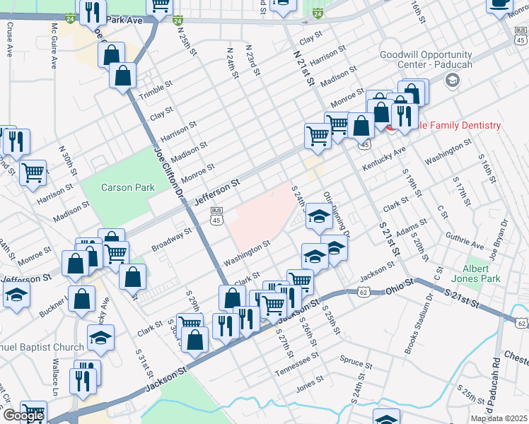 map of restaurants, bars, coffee shops, grocery stores, and more near 2501 Kentucky Avenue in Paducah