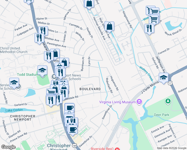 map of restaurants, bars, coffee shops, grocery stores, and more near 39 Minton Drive in Newport News