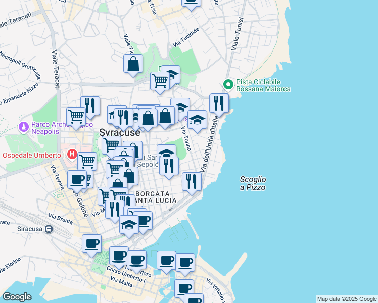 map of restaurants, bars, coffee shops, grocery stores, and more near 25 Via Torino in Siracusa
