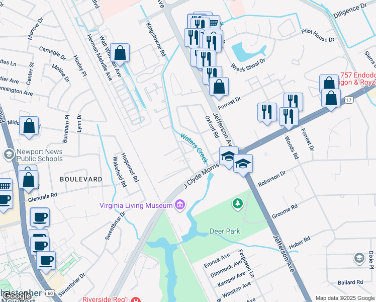map of restaurants, bars, coffee shops, grocery stores, and more near 616 Jessica Circle in Newport News