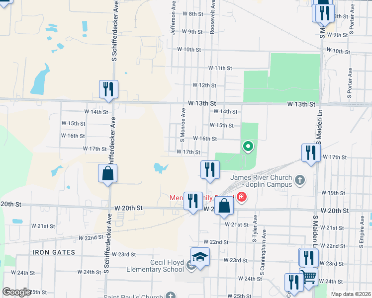map of restaurants, bars, coffee shops, grocery stores, and more near 2301-2347 West 17th Street in Joplin