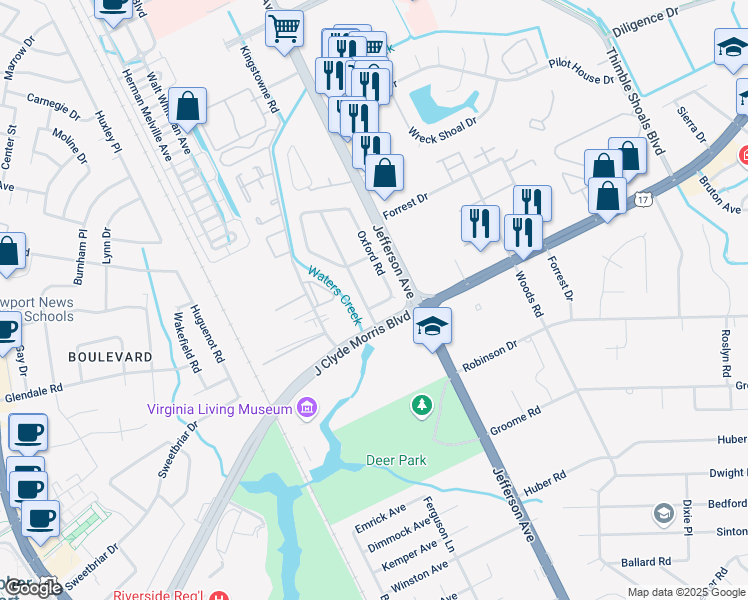 map of restaurants, bars, coffee shops, grocery stores, and more near 1 Matoaka Lane in Newport News