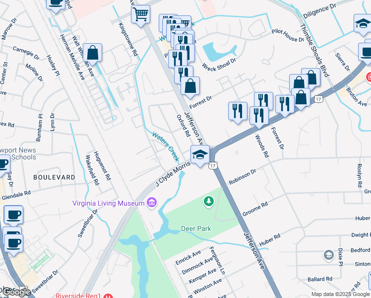 map of restaurants, bars, coffee shops, grocery stores, and more near 1 Matoaka Lane in Newport News