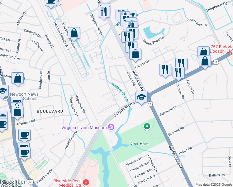 map of restaurants, bars, coffee shops, grocery stores, and more near 610 Jessica Circle in Newport News