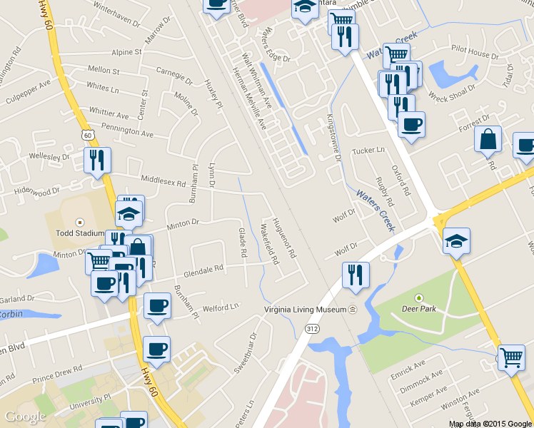 map of restaurants, bars, coffee shops, grocery stores, and more near 1 Wakefield Rd in Newport News