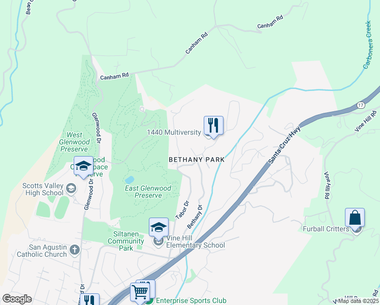 map of restaurants, bars, coffee shops, grocery stores, and more near 125 Bethany Way in Scotts Valley
