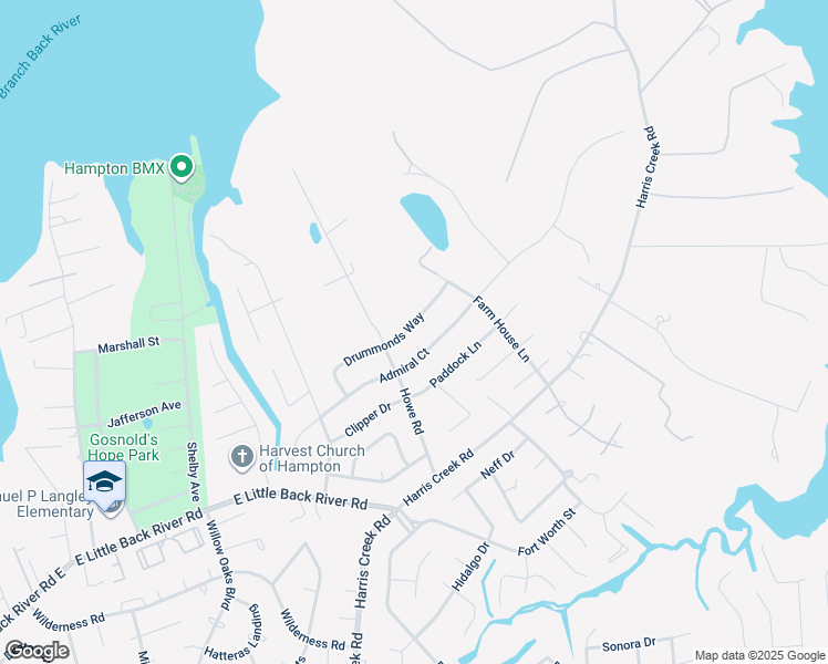 map of restaurants, bars, coffee shops, grocery stores, and more near 208 Drummonds Way in Hampton