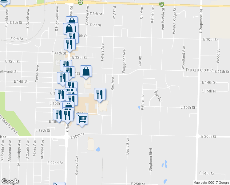 map of restaurants, bars, coffee shops, grocery stores, and more near 1429 Rex Avenue in Joplin