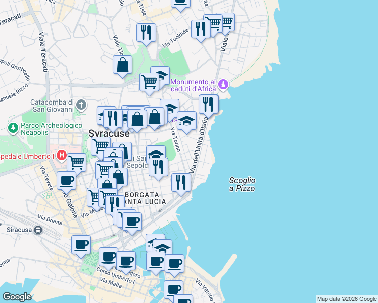 map of restaurants, bars, coffee shops, grocery stores, and more near Via dell'Unità d'Italia in Syracuse