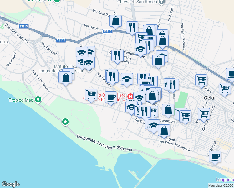 map of restaurants, bars, coffee shops, grocery stores, and more near 205 Via Palazzi in Gela