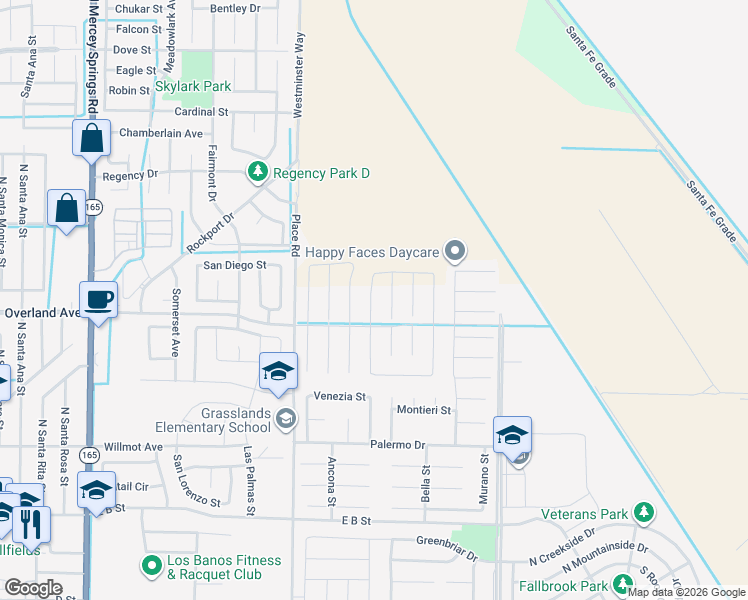 map of restaurants, bars, coffee shops, grocery stores, and more near 442 Meyers Lane in Los Banos