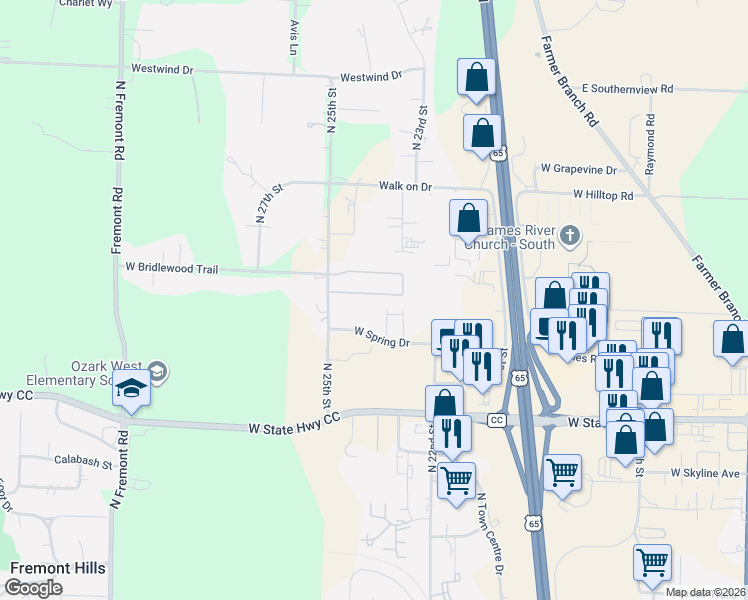 map of restaurants, bars, coffee shops, grocery stores, and more near 2400 West Deerbrooke Trail in Ozark