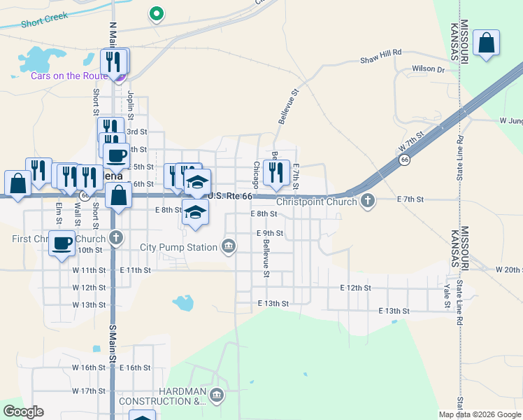 map of restaurants, bars, coffee shops, grocery stores, and more near 900-998 E 8th St in Galena