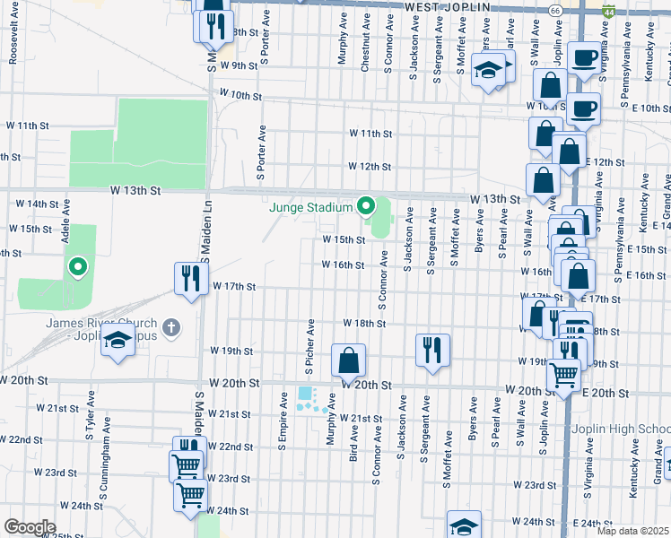 map of restaurants, bars, coffee shops, grocery stores, and more near 1614 Murphy Avenue in Joplin