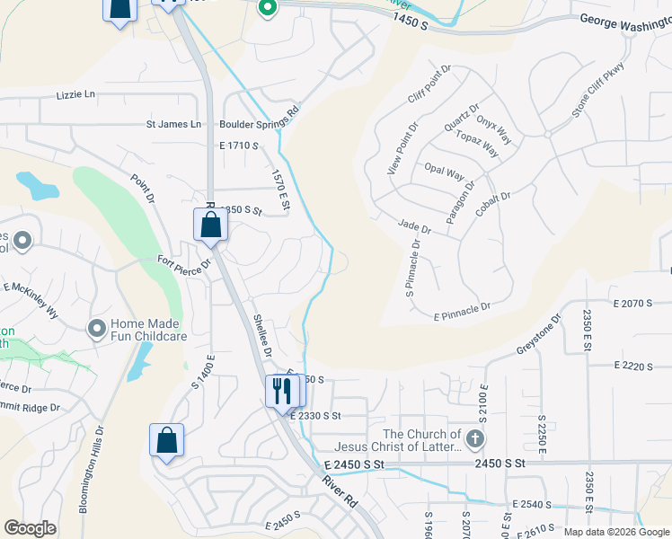 map of restaurants, bars, coffee shops, grocery stores, and more near Schrund Circle in St. George