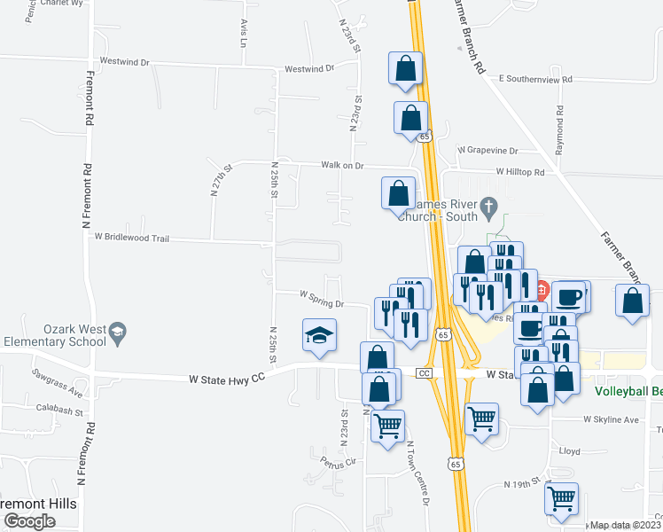 map of restaurants, bars, coffee shops, grocery stores, and more near 2302 West Deerbrooke Trail in Ozark