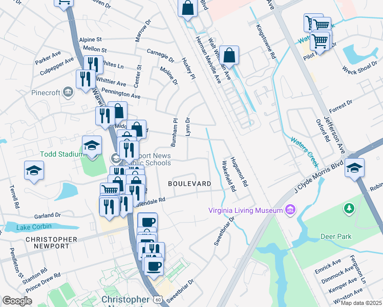 map of restaurants, bars, coffee shops, grocery stores, and more near 4 Lynn Drive in Newport News