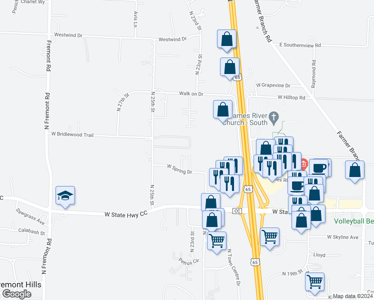 map of restaurants, bars, coffee shops, grocery stores, and more near 2304 West Deerbrooke Trail in Ozark