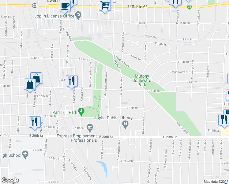map of restaurants, bars, coffee shops, grocery stores, and more near 1808 East 15th Street in Joplin