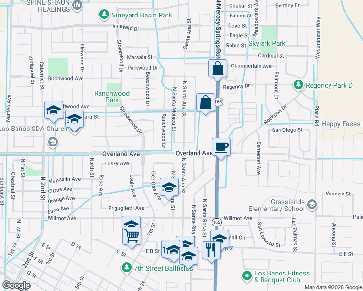 map of restaurants, bars, coffee shops, grocery stores, and more near 405 North Santa Ana Street in Los Banos