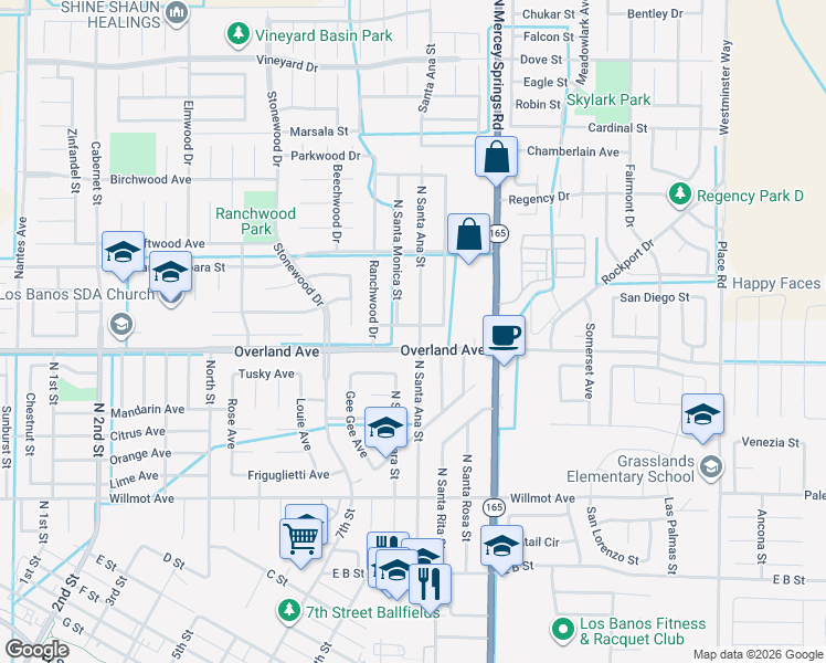 map of restaurants, bars, coffee shops, grocery stores, and more near 405 North Santa Ana Street in Los Banos