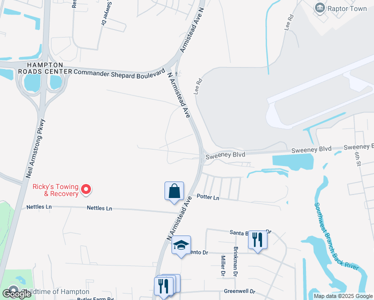 map of restaurants, bars, coffee shops, grocery stores, and more near 2951 North Armistead Avenue in Hampton