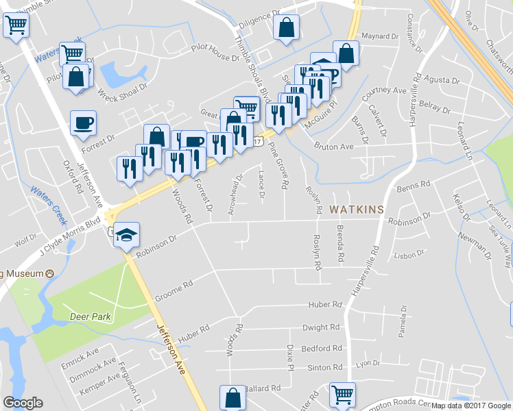 map of restaurants, bars, coffee shops, grocery stores, and more near 703 Lance Drive in Newport News