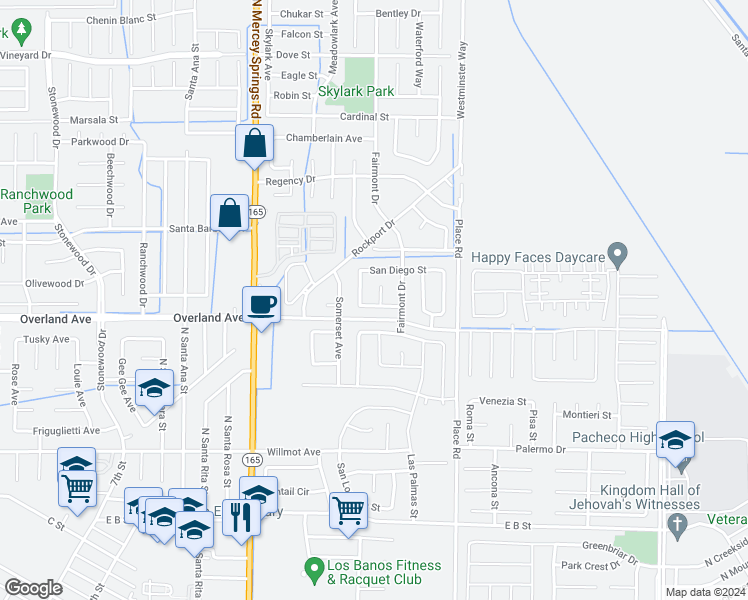 map of restaurants, bars, coffee shops, grocery stores, and more near 1416 San Rafael Street in Los Banos