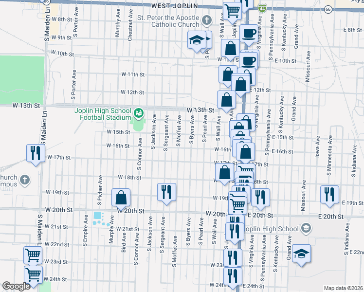 map of restaurants, bars, coffee shops, grocery stores, and more near 1605 South Moffet Avenue in Joplin