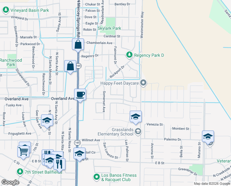 map of restaurants, bars, coffee shops, grocery stores, and more near 1423 San Rafael Street in Los Banos
