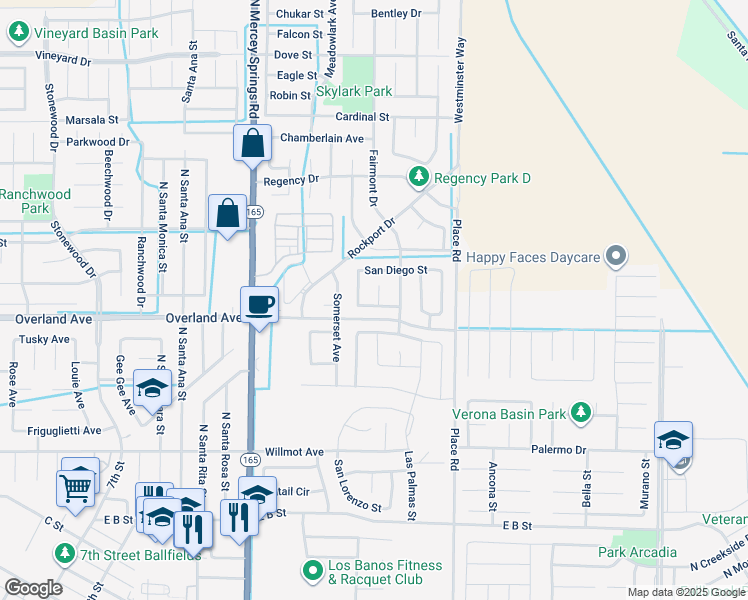 map of restaurants, bars, coffee shops, grocery stores, and more near 1416 San Rafael Street in Los Banos