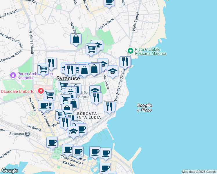 map of restaurants, bars, coffee shops, grocery stores, and more near 25 Via Torino in Siracusa