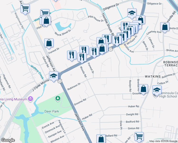 map of restaurants, bars, coffee shops, grocery stores, and more near 704 Forrest Drive in Newport News