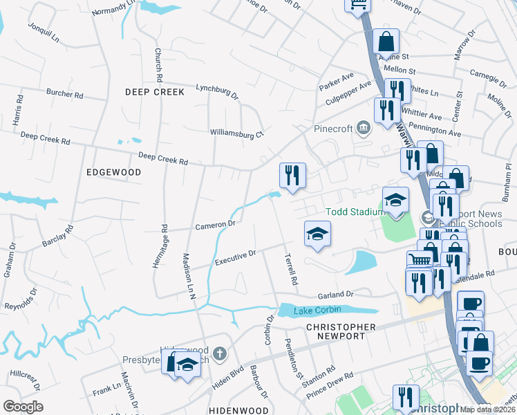 map of restaurants, bars, coffee shops, grocery stores, and more near 114 Leslie Drive in Newport News