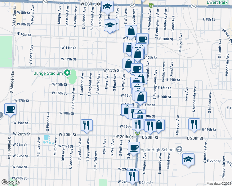 map of restaurants, bars, coffee shops, grocery stores, and more near 1604 S Wall Ave in Joplin