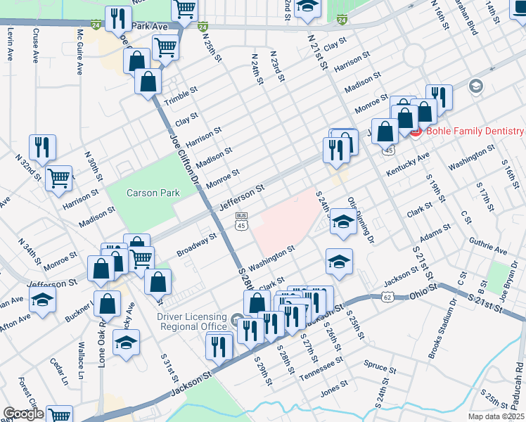 map of restaurants, bars, coffee shops, grocery stores, and more near 2620 Broadway Street in Paducah