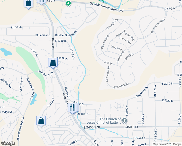 map of restaurants, bars, coffee shops, grocery stores, and more near Schrund Circle in St. George