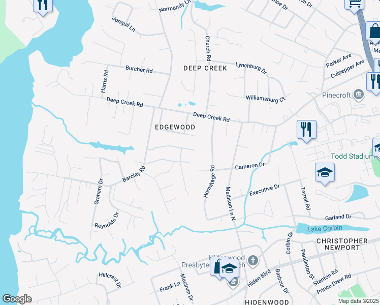 map of restaurants, bars, coffee shops, grocery stores, and more near 220 Hawser Bend in Newport News