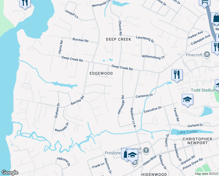 map of restaurants, bars, coffee shops, grocery stores, and more near 220 Hawser Bend in Newport News
