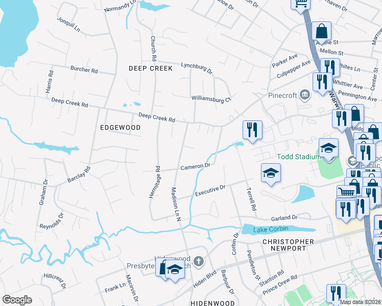 map of restaurants, bars, coffee shops, grocery stores, and more near 51 Cameron Drive in Newport News